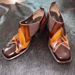 Vintage 90s Via Spiga brown leather patchwork block heel square toe loafers 6